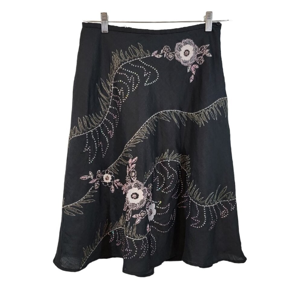 Anne Carson Skirt Black Beaded Sequin Floral‎ A Line Linen Skirt Size 8 EUC